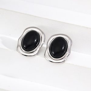 S925 Silver Minimalist Black Onyx Stud Earrings-2