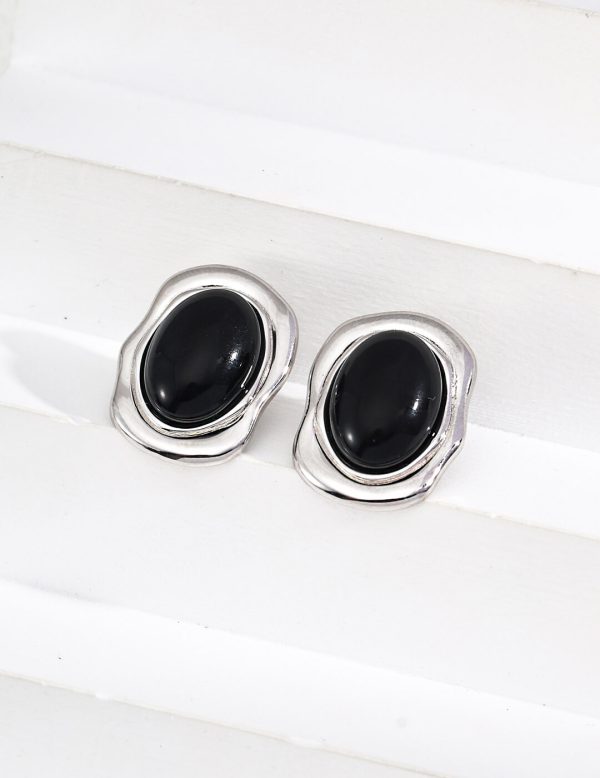 S925 Silver Minimalist Black Onyx Stud Earrings-2